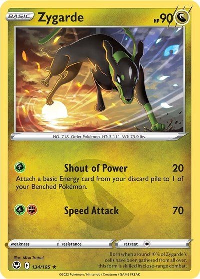 Pokémon card: Zygarde 134/195 from Silver Tempest (Rare), Dragon type, front of card