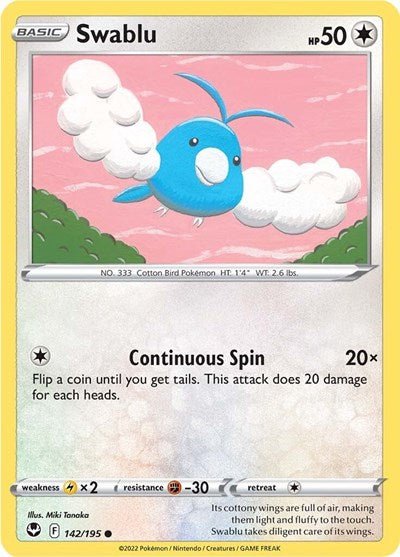 Pokémon card: Swablu 142/195 from Silver Tempest (Common), Colorless type, front of card