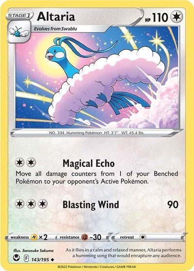Pokémon card: Altaria 143/195 from Silver Tempest (Uncommon), Colorless type, front of card