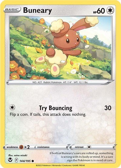 Pokémon card: Buneary 144/195 from Silver Tempest (Common), Colorless type, front of card