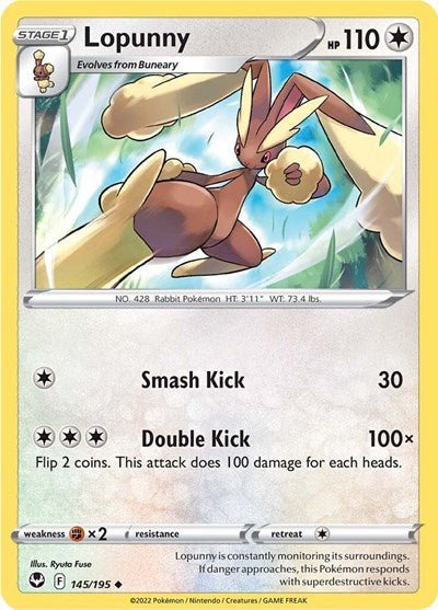 Pokémon card: Lopunny 145/195 from Silver Tempest (Uncommon), Colorless type, front of card