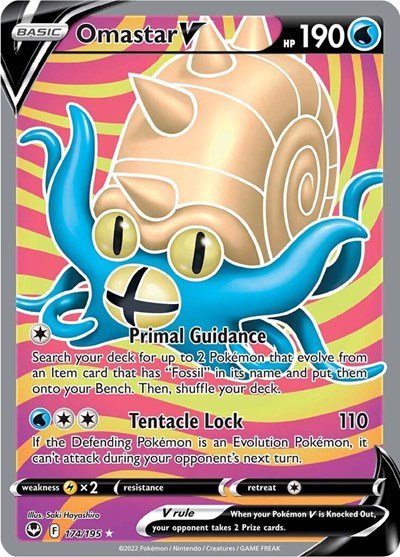 Pokémon card: Omastar V (Full Art) 174/195 from Silver Tempest (Ultra Rare), Water type, front of card