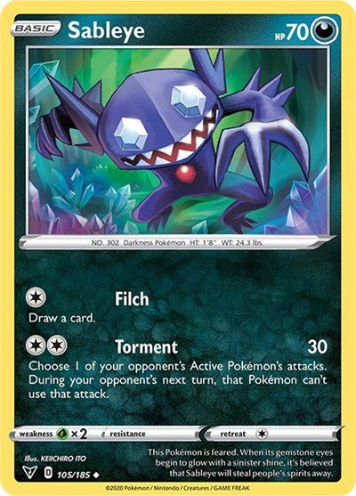 Pokémon card: Sableye 105/185 from Vivid Voltage (Uncommon), Darkness type, front of card