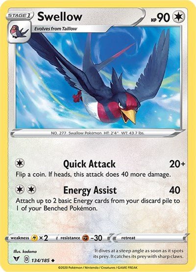 Pokémon card: Swellow 134/185 from Vivid Voltage (Uncommon), Colorless type, front of card
