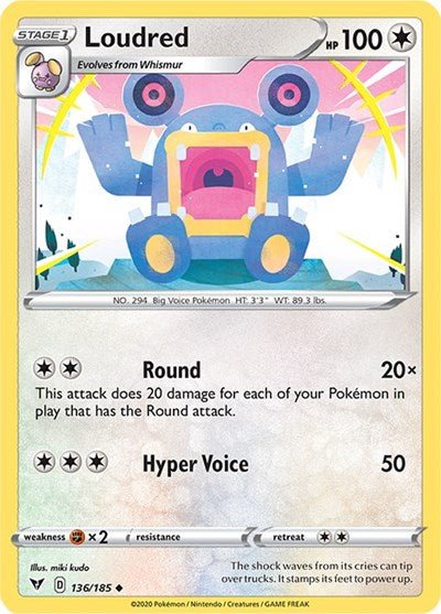 Pokémon card: Loudred 136/185 from Vivid Voltage (Uncommon), Colorless type, front of card