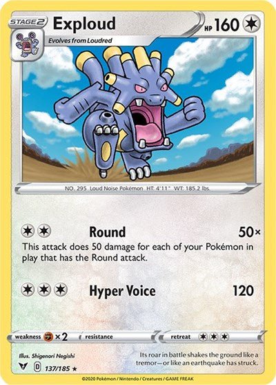 Pokémon card: Exploud 137/185 from Vivid Voltage (Rare), Colorless type, front of card