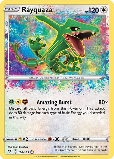 Pokémon card: Rayquaza 138/185 from Vivid Voltage (Amazing Rare), Colorless type, front of card