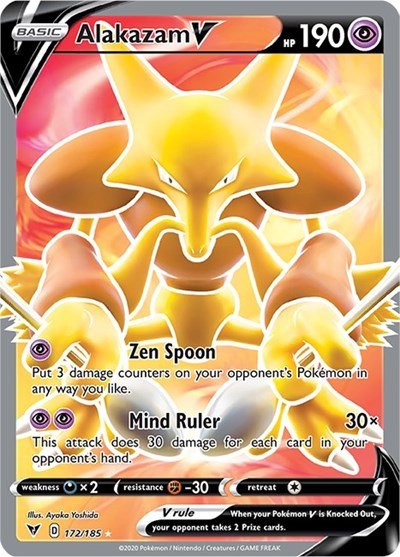 Pokémon card: Alakazam V (Full Art) 172/185 from Vivid Voltage (Ultra Rare), Psychic type, front of card