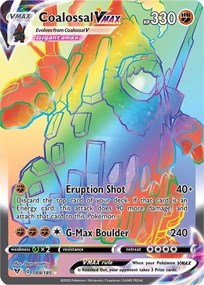 Pokémon card: Coalossal VMAX 189/185 from Vivid Voltage (Secret Rare), Fighting type, front of card