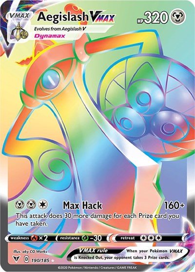 Pokémon card: Aegislash VMAX 190/185 from Vivid Voltage (Secret Rare), Metal type, front of card