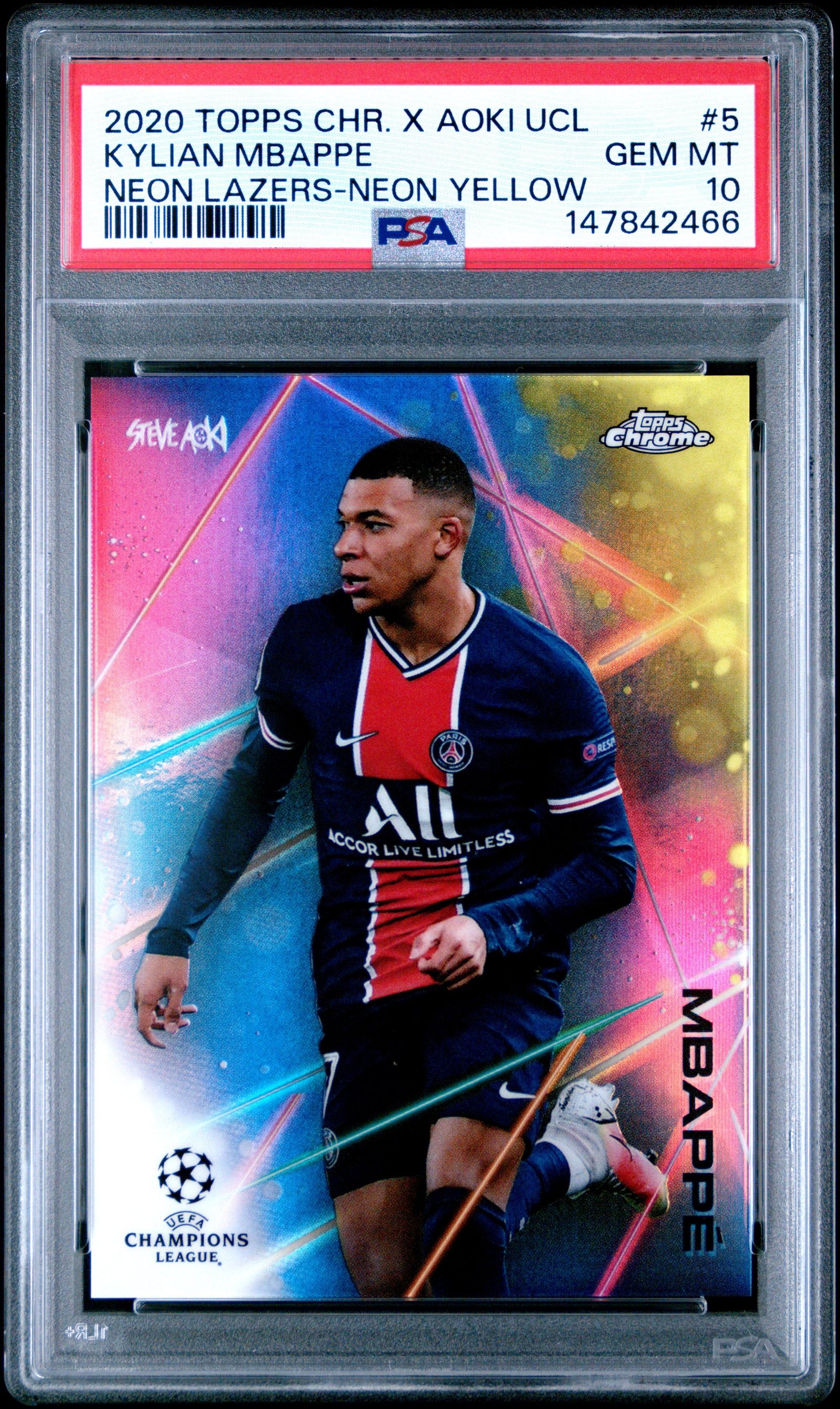 2020 Topps Kylian Mbappe 5 Neon Yellow PSA 10: graded slab, front view