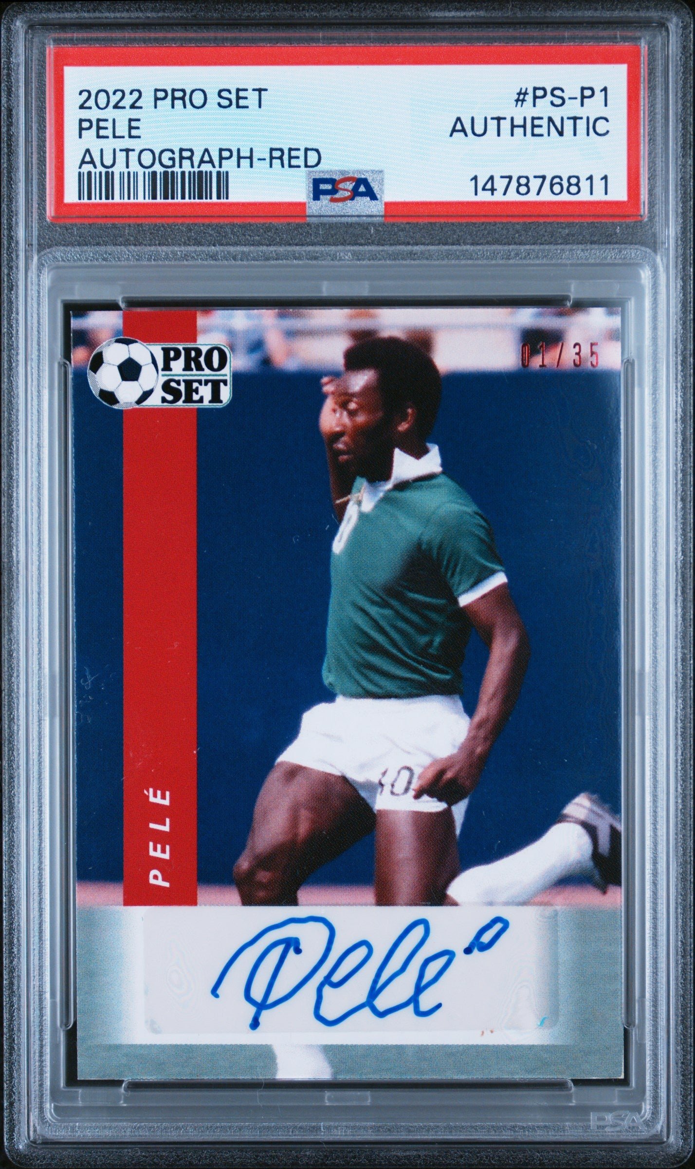 2022 Leaf Pele PS-P1 Leaf Pro Set Autographs Red PSA: graded slab, front view