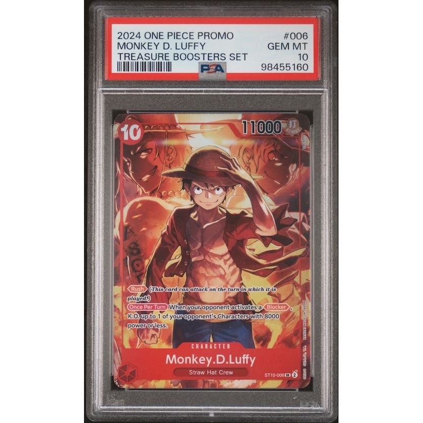 2024 One Piece Promos #006 Monkey D. Luffy Treasure Boosters Set PSA 10: graded slab, front view