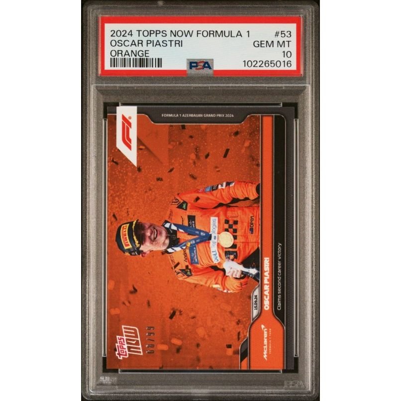 2024 Topps Now Formula 1 #53 Oscar Piastri Orange (Numbered 68/99) PSA 10: graded slab, front view