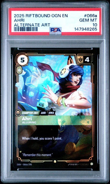 2025 Riftbound: League Of Legends Ogn-Origins #066a Ahri Alternate Art PSA 10: graded slab, front view