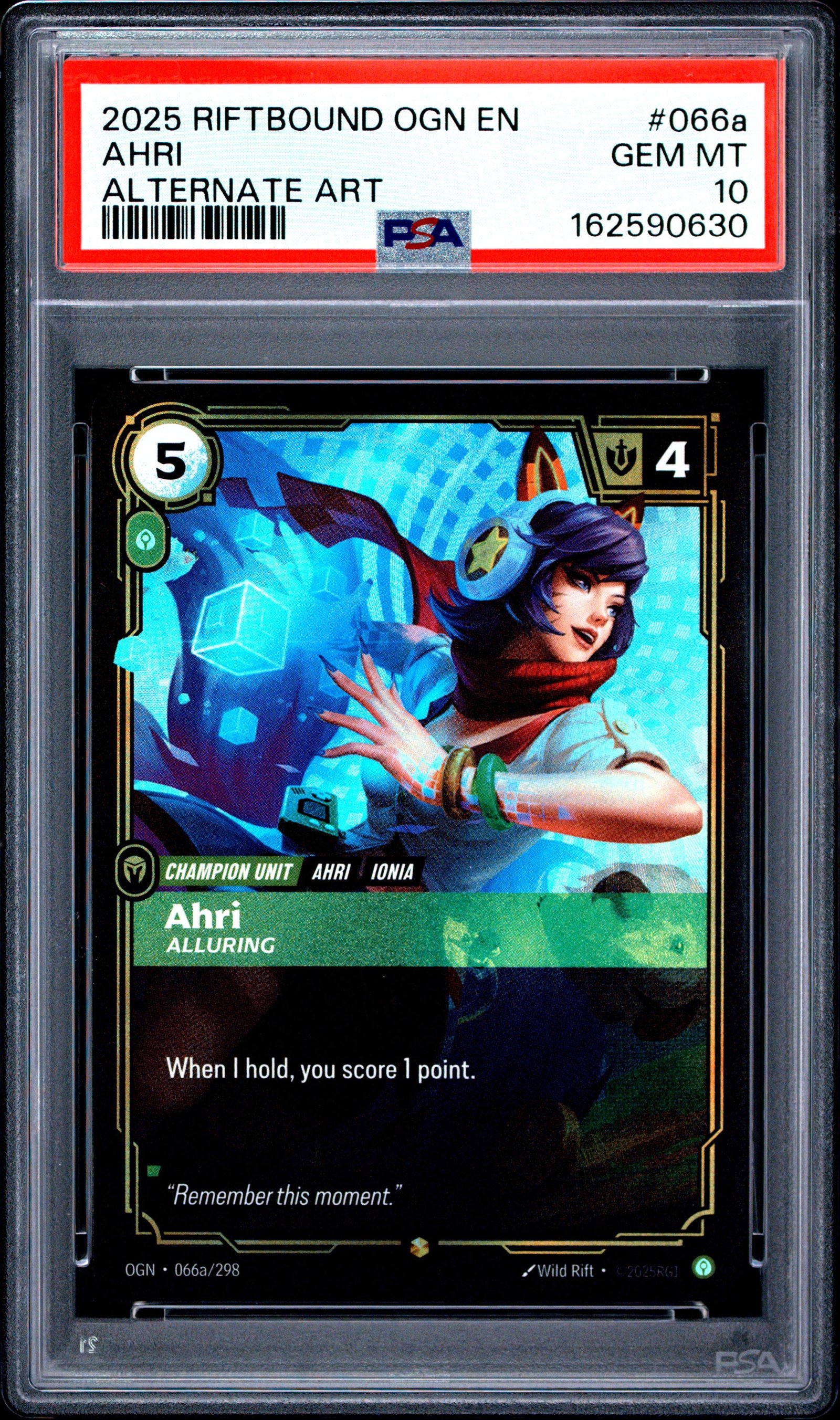 2025 Riftbound: League Of Legends Ogn-Origins #066A Ahri Alternate Art: graded slab, front view