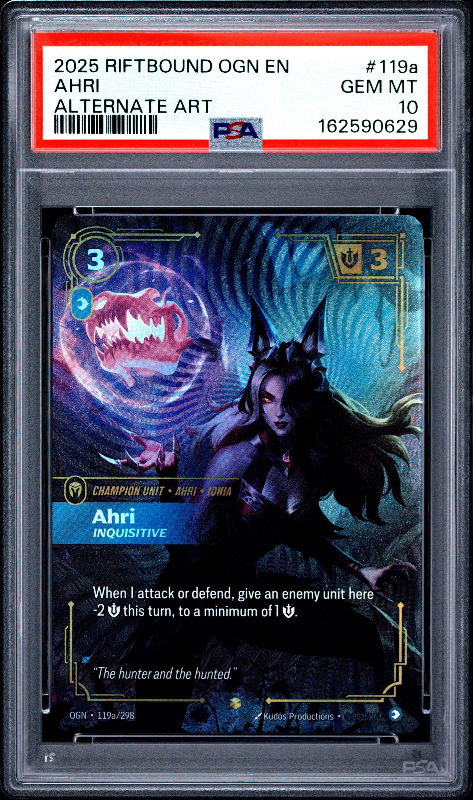 2025 Riftbound: League Of Legends Ogn-Origins #119A Ahri Alternate Art: graded slab, front view