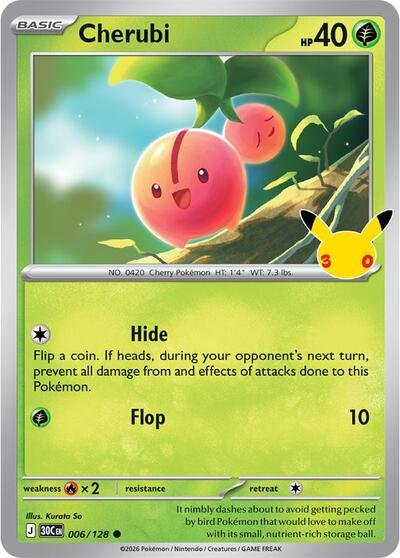 Pokémon card: Cherubi 006/128 from 30th Celebration (M6a) (Common), Grass type, front of card