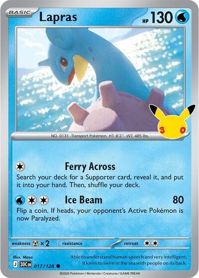 Pokémon card: Lapras 017/128 from 30th Celebration (M6a) (Common), Water type, front of card