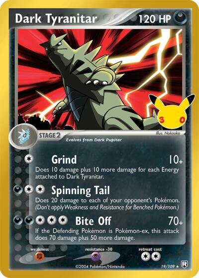 Pokémon card: Dark Tyranitar Classic Collection 019/109 from 30th Celebration, front of card