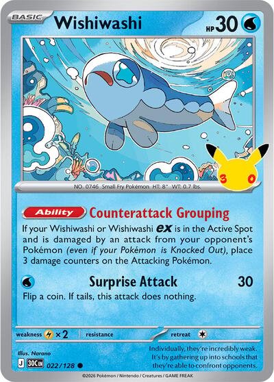 Pokémon card: Wishiwashi 022/128 from 30th Celebration (M6a) (Common), Water type, front of card