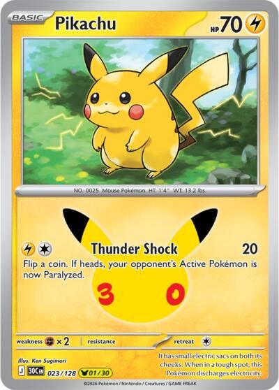Pokémon card: Pikachu 023/128 from 30th Celebration (M6a) (Pikachu Rare), Lightning type, front of card
