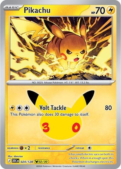 Pokémon card: Pikachu 024/128 from 30th Celebration (M6a) (Pikachu Rare), Lightning type, front of card