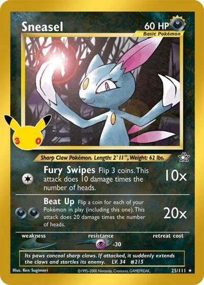 Pokémon card: Sneasel Classic Collection 025/111 from 30th Celebration, front of card