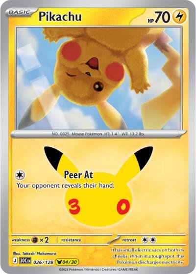 Pokémon card: Pikachu 026/128 from 30th Celebration (M6a) (Pikachu Rare), Lightning type, front of card