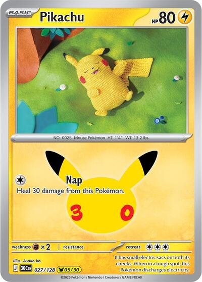 Pokémon card: Pikachu 027/128 from 30th Celebration (M6a) (Pikachu Rare), Lightning type, front of card