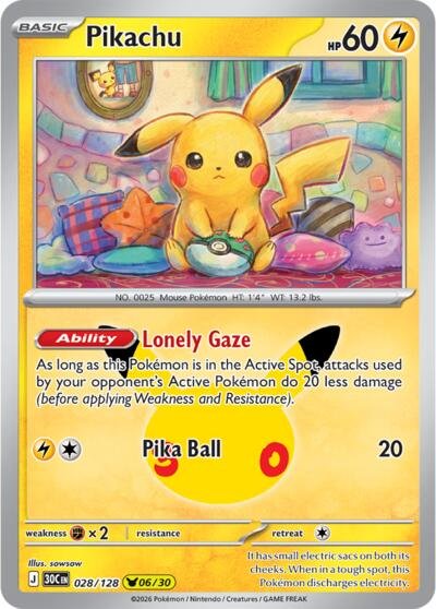 Pokémon card: Pikachu 028/128 from 30th Celebration (M6a) (Pikachu Rare), Lightning type, front of card