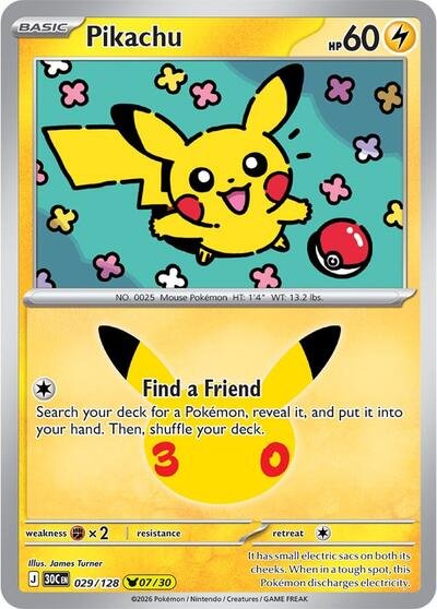 Pokémon card: Pikachu 029/128 from 30th Celebration (M6a) (Pikachu Rare), Lightning type, front of card
