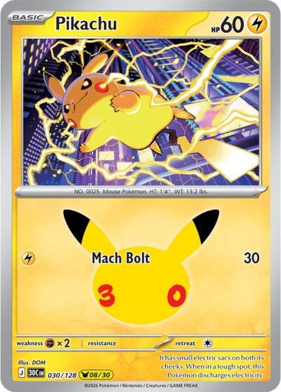 Pokémon card: Pikachu 030/128 from 30th Celebration (M6a) (Pikachu Rare), Lightning type, front of card