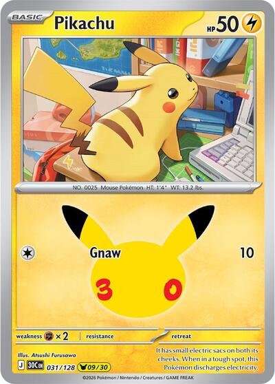 Pokémon card: Pikachu 031/128 from 30th Celebration (M6a) (Pikachu Rare), Lightning type, front of card