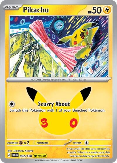 Pokémon card: Pikachu 032/128 from 30th Celebration (M6a) (Pikachu Rare), Lightning type, front of card