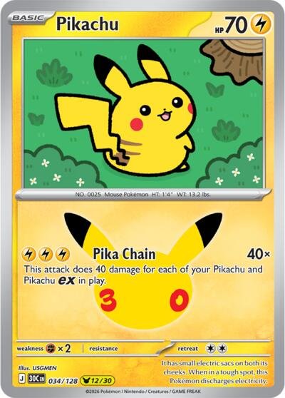 Pokémon card: Pikachu 034/128 from 30th Celebration (M6a) (Pikachu Rare), Lightning type, front of card
