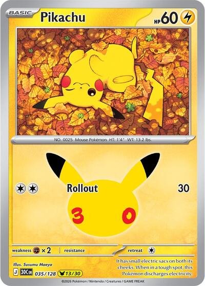 Pokémon card: Pikachu 035/128 from 30th Celebration (M6a) (Pikachu Rare), Lightning type, front of card