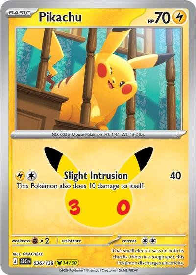 Pokémon card: Pikachu 036/128 from 30th Celebration (M6a) (Pikachu Rare), Lightning type, front of card