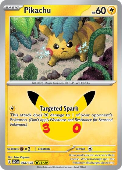 Pokémon card: Pikachu 038/128 from 30th Celebration (M6a) (Pikachu Rare), Lightning type, front of card