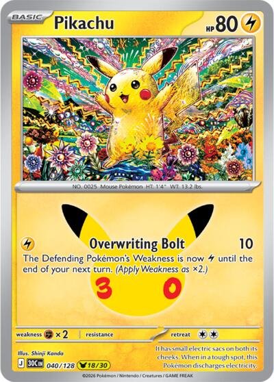 Pokémon card: Pikachu 040/128 from 30th Celebration (M6a) (Pikachu Rare), Lightning type, front of card