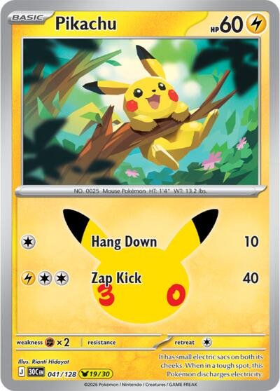 Pokémon card: Pikachu 041/128 from 30th Celebration (M6a) (Pikachu Rare), Lightning type, front of card