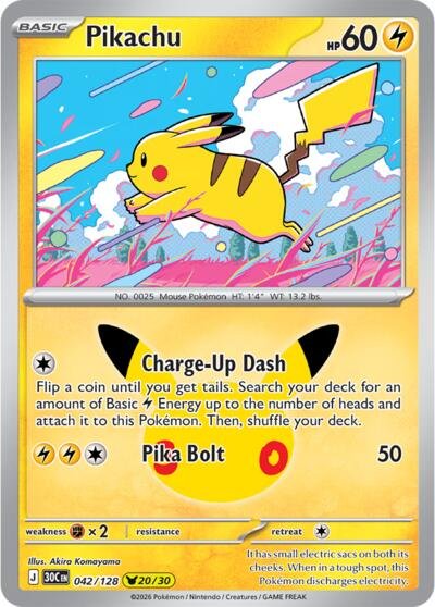 Pokémon card: Pikachu 042/128 from 30th Celebration (M6a) (Pikachu Rare), Lightning type, front of card