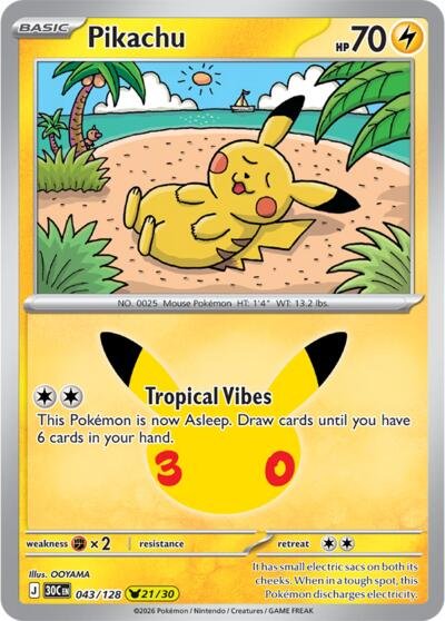 Pokémon card: Pikachu 043/128 from 30th Celebration (M6a) (Pikachu Rare), Lightning type, front of card