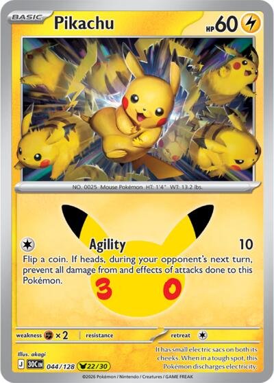 Pokémon card: Pikachu 044/128 from 30th Celebration (M6a) (Pikachu Rare), Lightning type, front of card