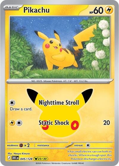 Pokémon card: Pikachu 045/128 from 30th Celebration (M6a) (Pikachu Rare), Lightning type, front of card