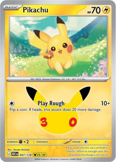 Pokémon card: Pikachu 047/128 from 30th Celebration (M6a) (Pikachu Rare), Lightning type, front of card