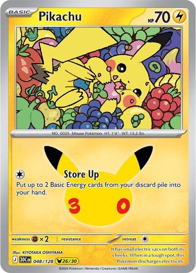 Pokémon card: Pikachu 048/128 from 30th Celebration (M6a) (Pikachu Rare), Lightning type, front of card