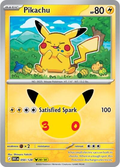 Pokémon card: Pikachu 050/128 from 30th Celebration (M6a) (Pikachu Rare), Lightning type, front of card
