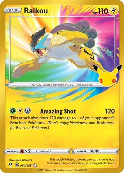 Pokémon card: Raikou Classic Collection 050/185 from 30th Celebration, front of card