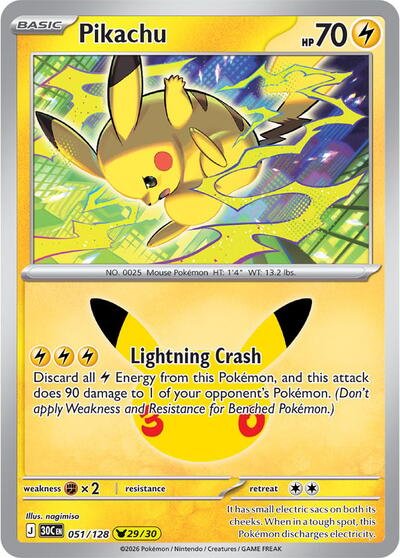 Pokémon card: Pikachu 051/128 from 30th Celebration (M6a) (Pikachu Rare), Lightning type, front of card